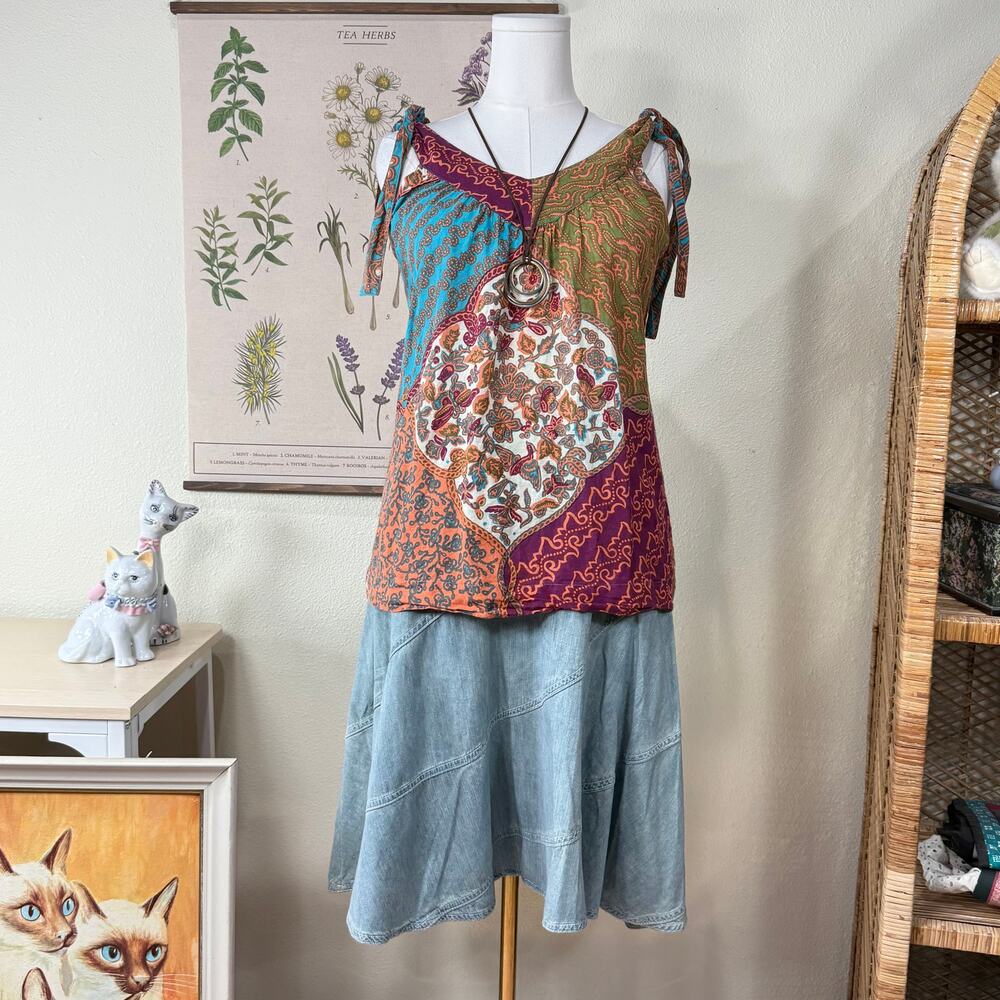 Y2k Multi Patchwork Floral Moth Tie Shoulder Tank Top Boho Hippie Forest Fairy L
